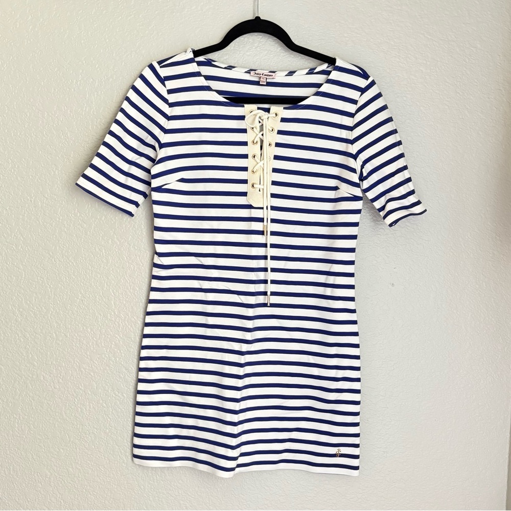 ⚓️ Juicy Couture Blue Striped Lace Up Dress Medium Navy
